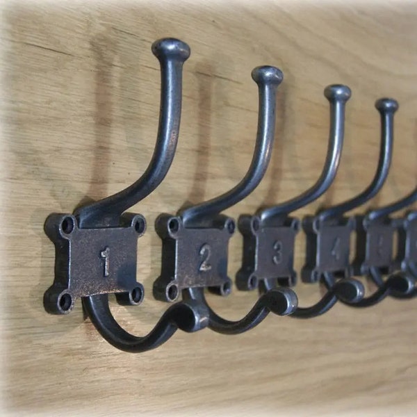 NUMBERED HOOKS \ Cast Iron Double Coat Hook \ Antique Style Rustic Industrial Hooks \