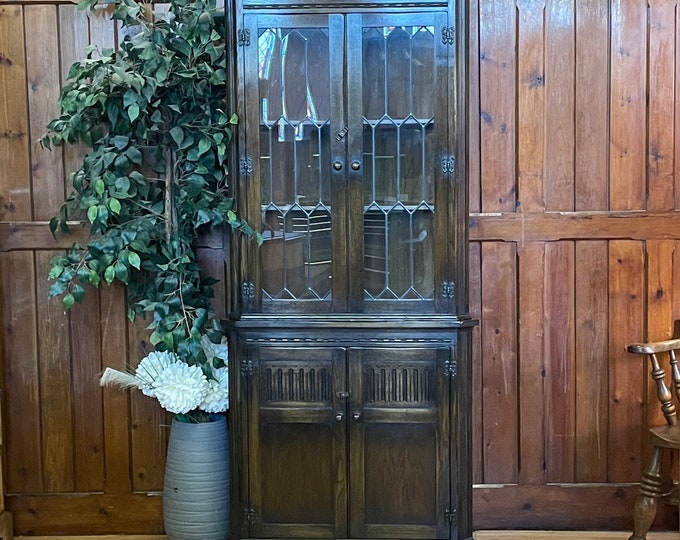 Bevan Funnell Distressed Oak Corner Cabinet / Reproduction Glazed Display Unit