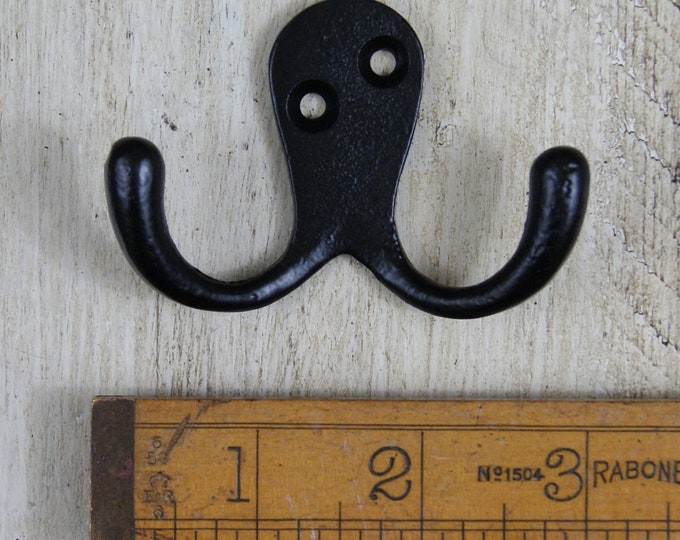 PETITE DOUBLE BLACK \ Cast Iron Robe Key Hook \ Antique Style Rustic Industrial Coat Hooks \ Pack of 1 or 5