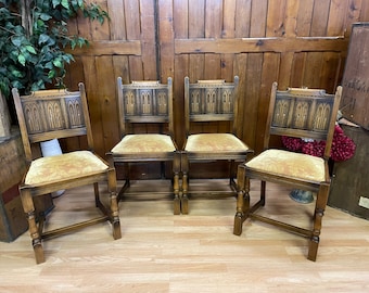 Vintage Set of 4 Old Charm Panel Back Dining Chairs \ Oak Country Kitchen Chairs \ Cottage