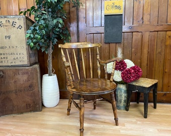 Antique Elm Penny Carver Chair \ Farmhouse Chair \ Stick Back Lounge Chair \ Country \ Cottage \ Fireside Chair