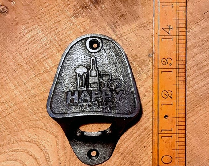 HAPPY HOUR \ Cast Iron Wall Mounted Bottle Opener \ Vintage Style Home Bar