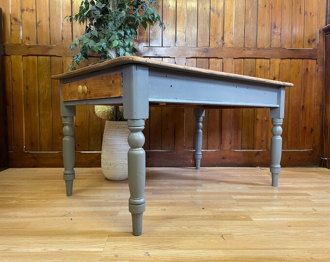 Super Rustic Painted Antique Pine Farmhouse Table with 2 Drawers \ Country Kitchen Style \