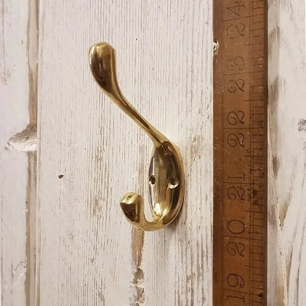 BRASS DOUBLE \ Solid Brass Double Coat Hook \ Antique Style Rustic Industrial Hooks \ Pack of 1 or 5 \