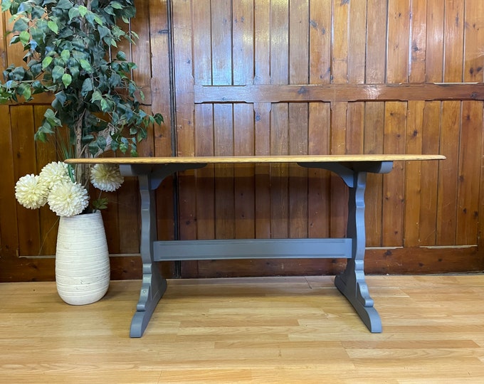 Vintage Painted Grey Ercol Refectory Plank Dining Table \ Farmhouse Kitchen Table \ Blue label