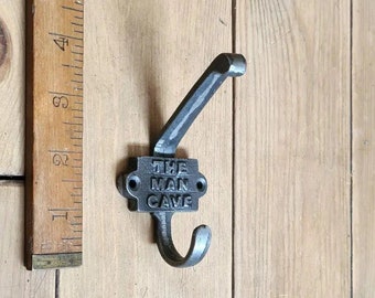 MAN CAVE \ Cast Iron Double Coat Hook \ Antique Style Rustic Industrial Hooks \ Pack of 1 or 5 \