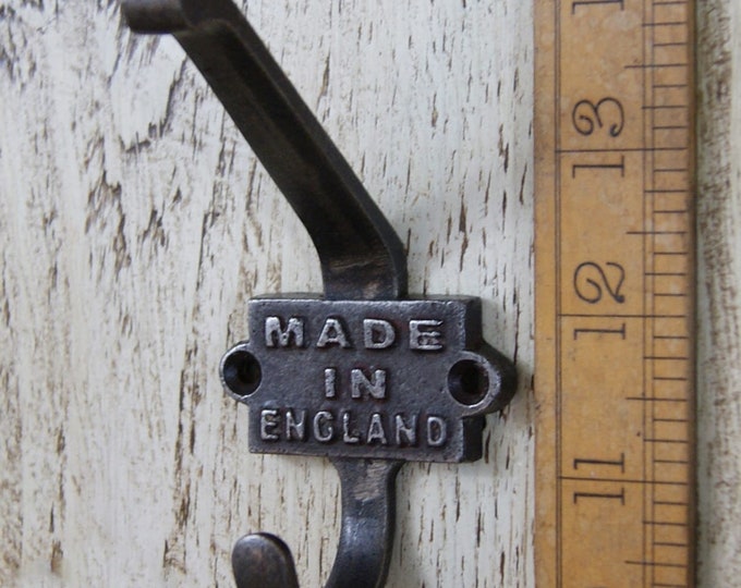 MADE IN ENGLAND \ Cast Iron Double Coat Hook \ Antique Style Rustic Industrial Hooks \ Pack of 1 or 5