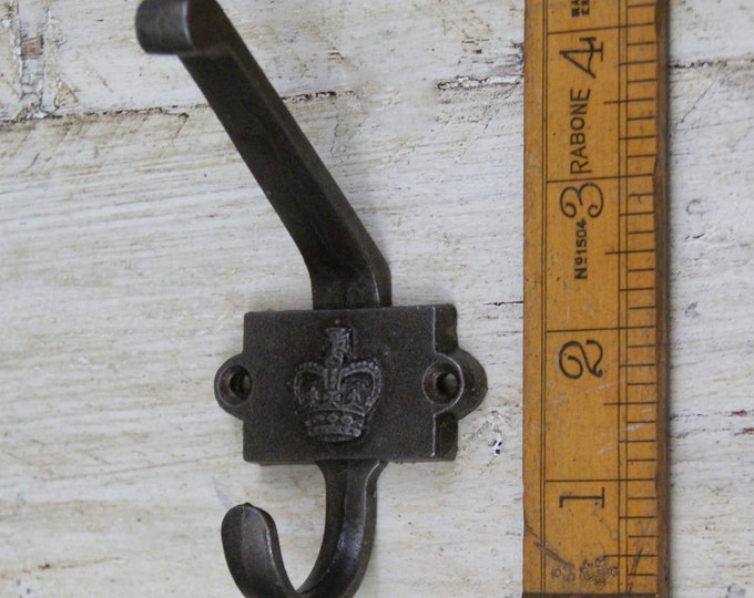 CROWN \ Cast Iron Double Coat Hook \ Antique Style Rustic Industrial Hooks \ Pack of 1 or 5