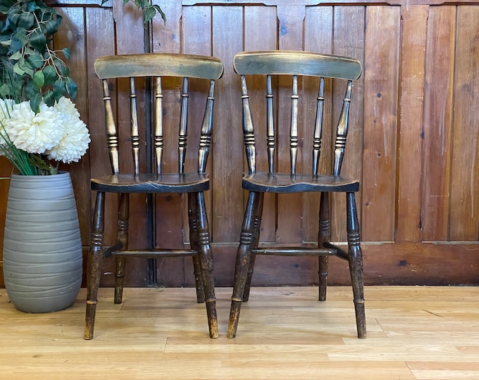 Pair of Antique Beech and Elm Kitchen Chairs \ Victorian Rustic Dining Chairs