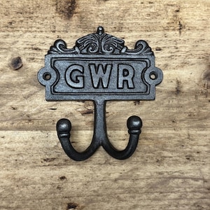 GWR \ Gancho duplo de ferro fundido \ Ganchos industriais rústicos de estilo antigo \ Pacote com 1 ou 3 \ Great Western Railway