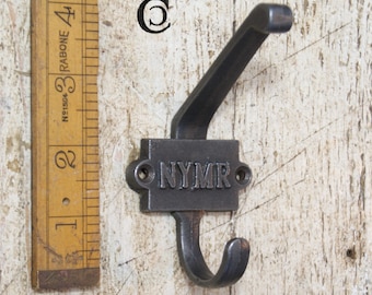 NYMR \ Cast Iron Double Coat Hook \ Antique Style Rustic Industrial Hooks \ Pack of 1 or 5 \ North Yorkshire Moors Railway