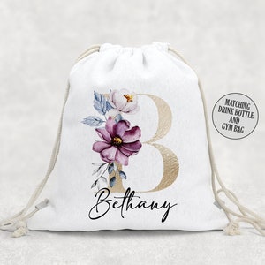 Sac de gym scolaire personnalisé, sac PE pour enfants, thème floral de la rentrée scolaire, alphabet de lettre florale avec nom