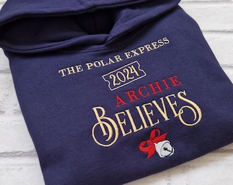 Personalised Christmas Train Hoodie 2025, Matching Family Believes, Embroidered Polar Train  Express, Children Adult Hoodies, Believe Bell