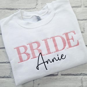 Personalised Bride Embroidered Sweatshirt, Stitched Name Bride Jumper, Honeymoon Hen Party Clothing, Bride Gift, Gift for Wife