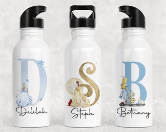 Personalised Princess Straw Bottle, Steel Metal Water Bottle, Fairy tale Character Gift for Kids, Personalised with Name