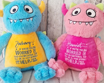 Personalised Worry Monster, Children's Embroidered Worry Doll, Help with Child's Worries, Emotions and Anxiety, Blue or Pink Wellbeing Gift