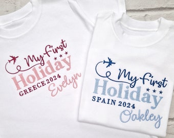 My First Holiday T-Shirt, Personalised Tee, Embroidered Plane Top, Pink or Blue, Add Your Destination, Vacation, First Time Flyer