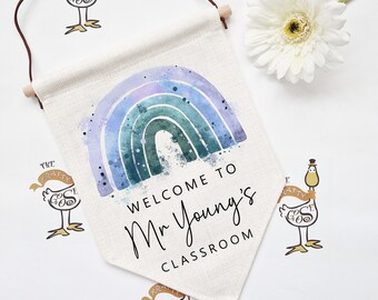Teacher Classroom Sign, Personalised Teacher Appreciation Gift Idea, Hanging Pennant Flag, Rainbow Classroom Decor, Thank You End of Term