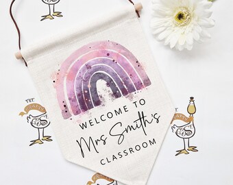 Teacher Classroom Sign, Personalised Teacher Appreciation Gift Idea, Hanging Pennant Flag, Rainbow Classroom Decor, Thank You End of Term