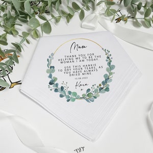 MUM Handkerchief, Personalised, Walks, Hankie, Tissue, Wedding Day, Names Date Gift, Bridal Party, Bridesmaid, Mother of Bride, Eucalyptus