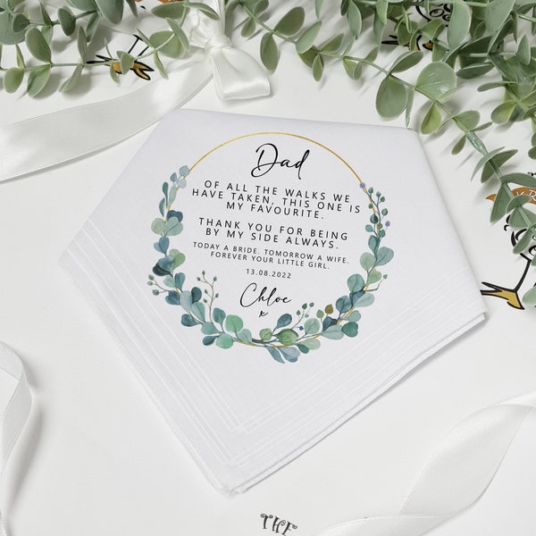 DAD Handkerchief, Personalised, Walks, Hankie, Tissue, Wedding Day, Names Date Gift, Bridal Party, Bridesmaid, Father of Bride, Eucalyptus