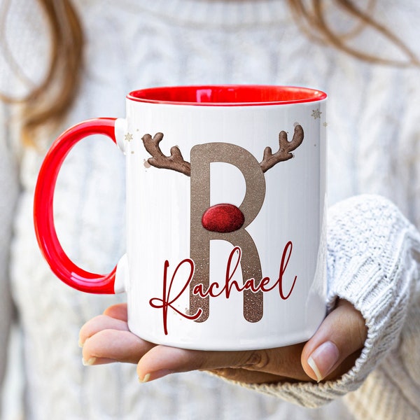 Personalised Reindeer Letter Mug, Christmas Stocking Filler, Hot Chocolate Cup, Christmas Eve Box, Secret Santa Gift Idea