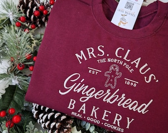 Christmas Embroidered Sweatshirt, Mrs Clause Gingerbread Sweater, Xmas Gift, Women's Sweater, Stocking Filler, Retro Vintage Christmas