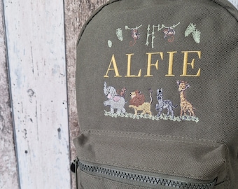 Safari Animals Backpack, Personalised Embroidered Bag, Back to School, Nursery Safari Bag