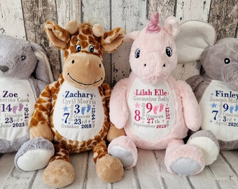 Large Personalised Embroidered Soft Toy, Birth Stats, New Baby Gift, Announcement, Baby Shower, Welcome to the World, Plush Teddy