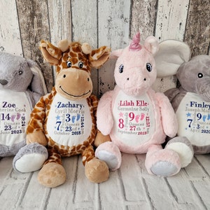 Large Personalised Embroidered Soft Toy, Birth Stats, New Baby Gift, Announcement, Baby Shower, Welcome to the World, Plush Teddy