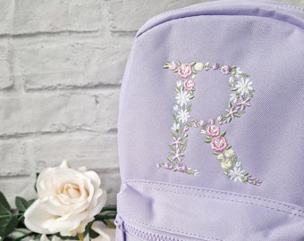 Flower Initial Girls Backpack, Personalised Embroidered Kids Bag, Back to School, Nursery Bag