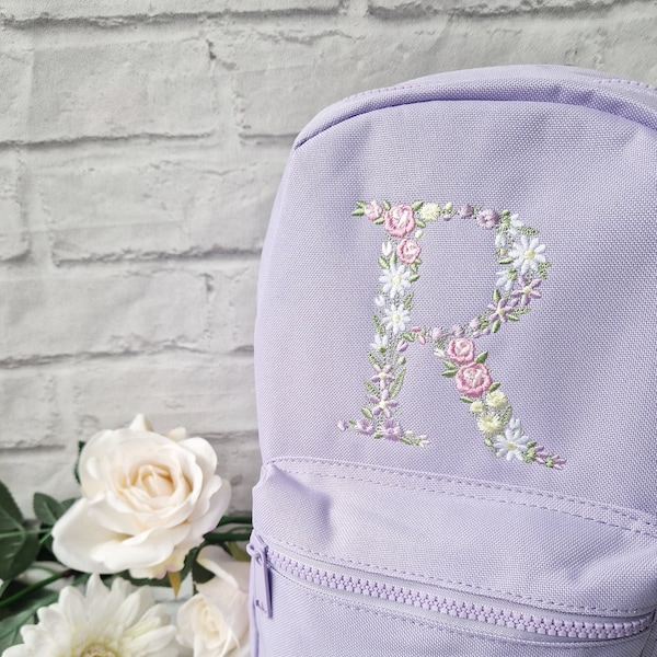 Flower Initial Girls Backpack, Personalised Embroidered Kids Bag, Back to School, Nursery Bag