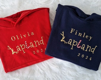 Personalised Lapland Hoodie 2024, Matching Family, Embroidered Lapland Adventure, Children and Adult Hoodies, Red Navy Gold