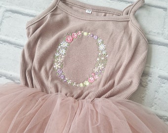 Personalised Tutu Dress, Embroidered Floral Initial or Number, Toddler Tutu Ballet Dress, Girls First Birthday Outfit, Cake Smash Party