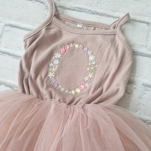 Personalised Tutu Dress, Embroidered Floral Initial or Number, Toddler Tutu Ballet Dress, Girls First Birthday Outfit, Cake Smash Party