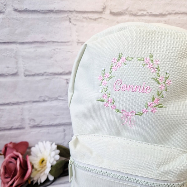 Flower Frame Backpack, Personalised Embroidered Girls Bag, Back to School, Nursery Bag, Floral Wreath