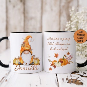 Pumpkin Gonk Mug, Personalised Autumn Vibes, Gnome Stocking Filler, Gift Idea for Fall, Change Can Be Beautiful