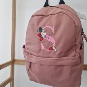 Strawberry Initial Girls Backpack, Personalised with Side Pockets, Berry Embroidered Kids Bag, Back to School, Nursery Bag