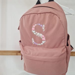 Sac à dos fleuri avec initiales pour filles, personnalisé avec poches latérales, sac brodé pour enfants, retour à l'école, sac pour chambre d'enfant