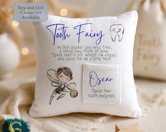 Tooth Fairy Cushion, Personalised Velvet Pillow with Pocket, Boys and Girl Characters, including Superhero!