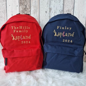 Personalised Lapland Backpack 2025, Embroidered Lapland Adventure Rucksack, Red Navy Green Gold