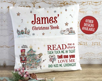 Personalised Christmas Book Cushion, Pocket Cushion, Book Pillow for Children, Christmas Story Time, Nutcracker Santa Elf, Soft Velvet