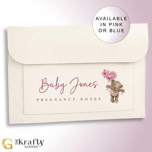 May include: A white felt folder with a pink and brown illustration of a teddy bear holding balloons. The folder has the text "Baby Jones Pregnancy Notes" and "Available in Pink or Blue" on the front.