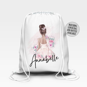 Sac de gym scolaire personnalisé, sac PE pour enfants, thème de danseur de ballet de rentrée avec nom, sac fleuri pour filles, cadeau de danse, remplissage de bas