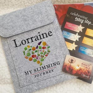 May include: A grey felt pouch with the name "Lorraine" and the text "MY SLIMMING JOURNEY". A heart-shaped design made of vegetables is in the center. Several cards are visible, including one with the text "celebrating every step..."
