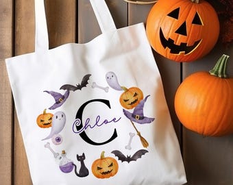 Bolsa de Halloween personalizada, truco o trato, añadir iniciales de nombre personalizadas, regalo Boo Box, bolsa de accesorios de calabaza de temporada espeluznante para niños