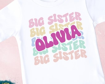 Promoted to Big Sister, Retro Wavy, Sister Personalised Cotton T-Shirt, Big Sister Top, Big Sister Gift, Pregnancy Announcement, New Sibling