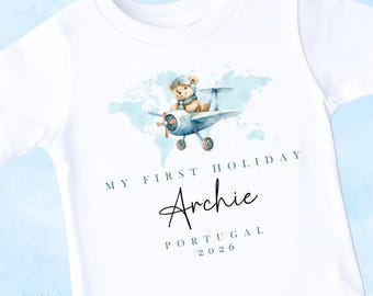 My First Holiday T-Shirt, Blue Pink Tshirt, Personalised Holiday Tee, Summer Vacation, First Time Flyer, Plane, Add Your Destination