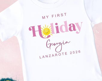 My First Holiday T-Shirt, Blue Pink Tshirt, Personalised Holiday Tee, Summer Vacation, First Time Flyer, Plane, Add Your Destination