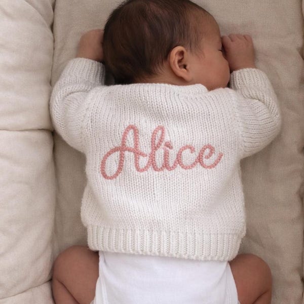 Personalised Name Knitted White Baby Cardigan, Custom Embroidered, Newborn Gift, Baby Shower Present, Keepsake Clothing